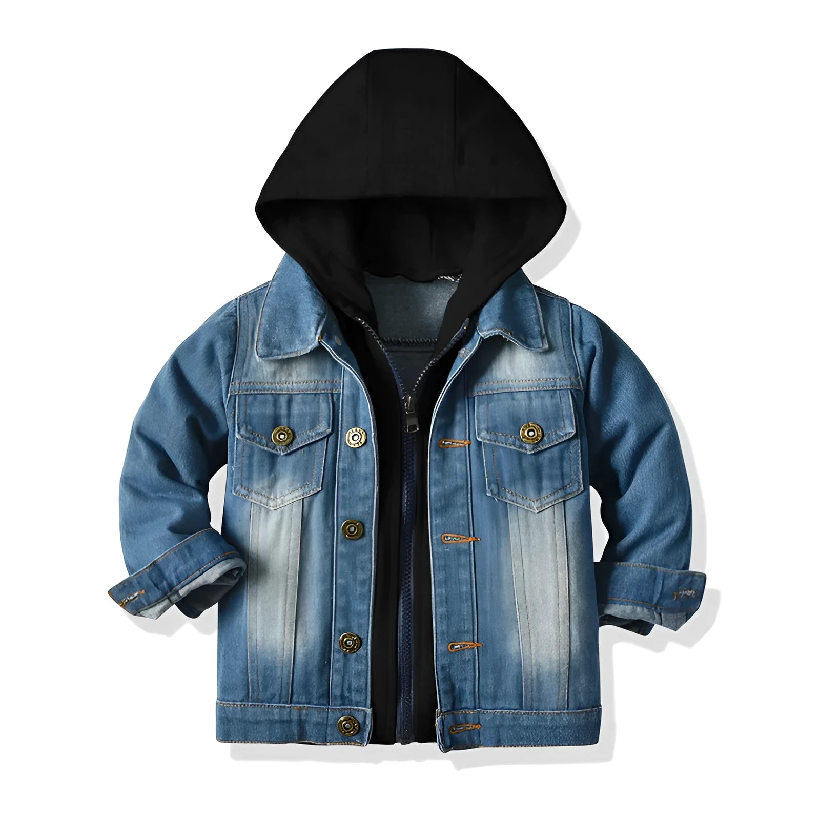 Grey children's hooded denim-style jacket with lapel collar loose fit
