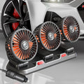 Three-head 12V automotive cooling fan with adjustable heads and cigarette lighter connector