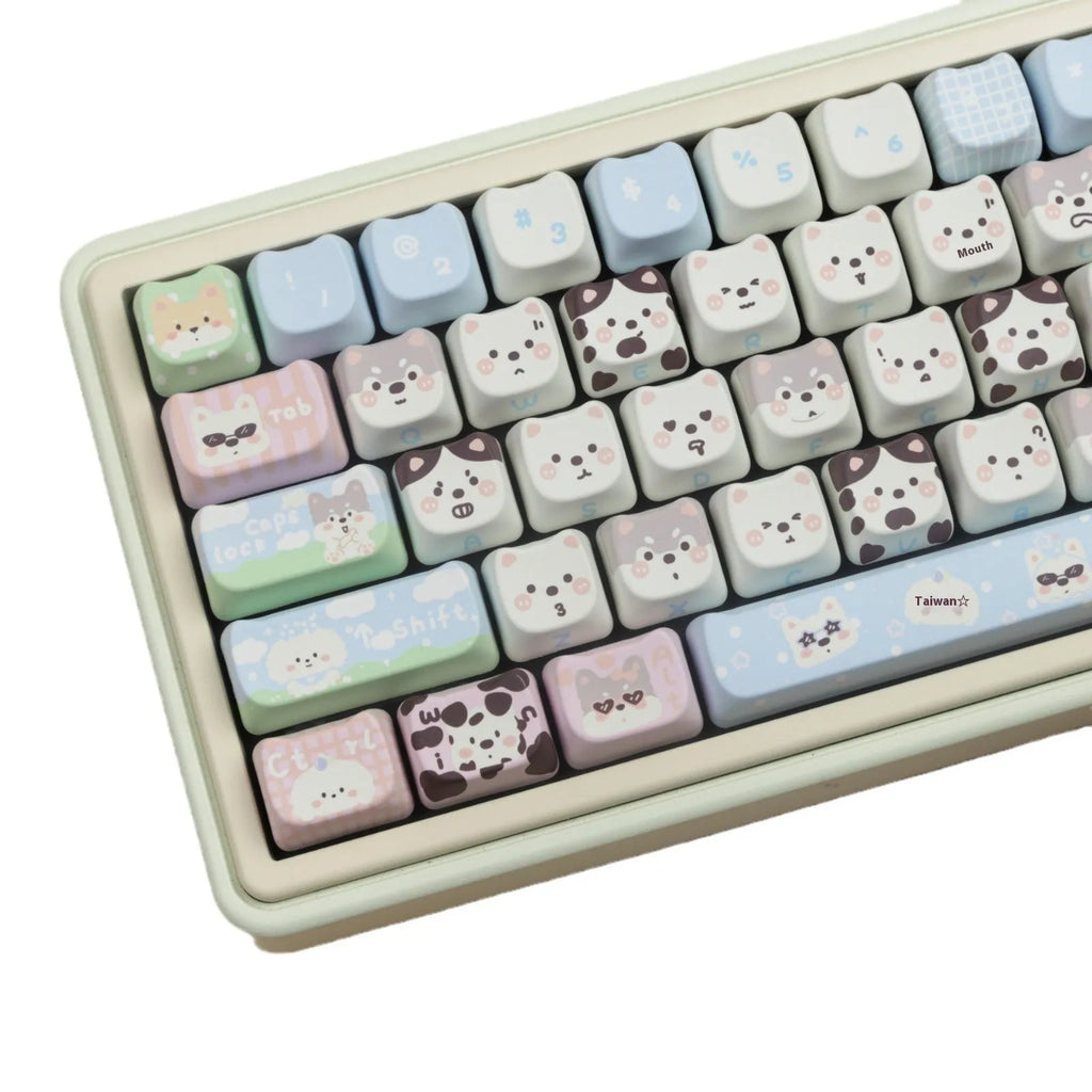 Complete set of 104 PBT key caps with colourful cute puppy sublimation design for mechanical keyboards