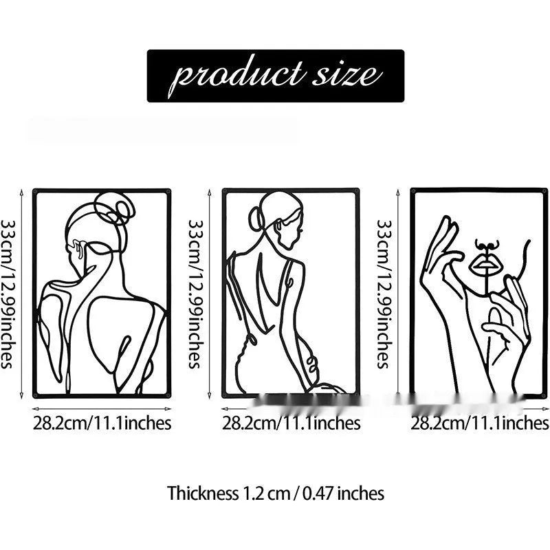 Black metal female line silhouette wall decoration set for home
