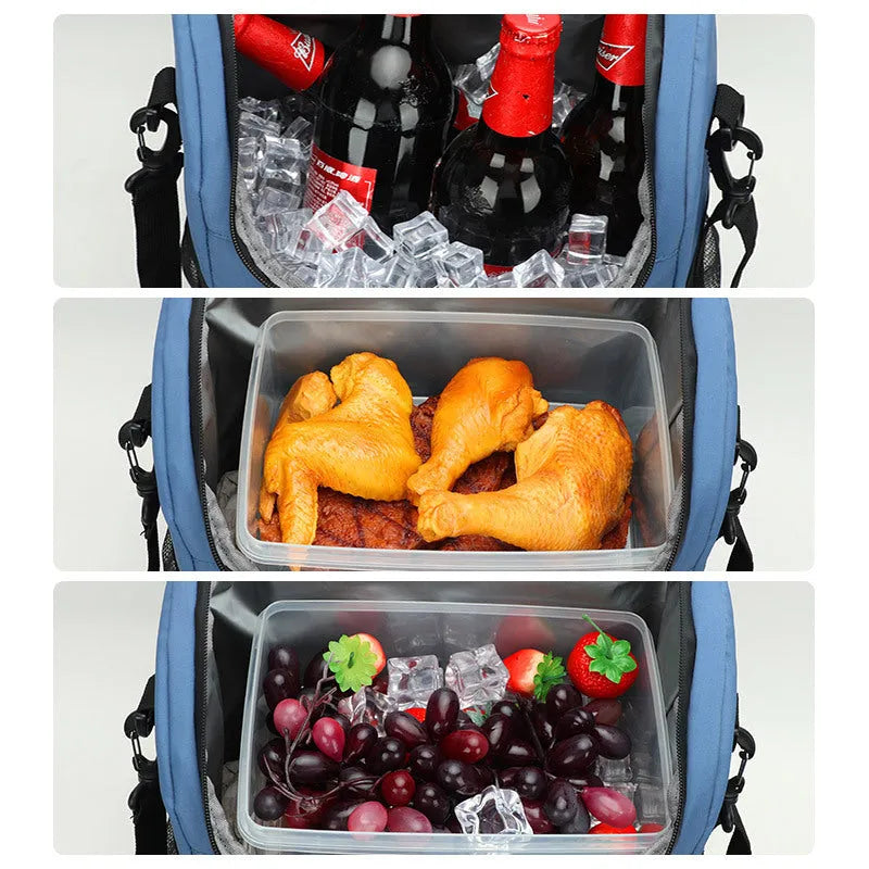 Insulated 20 litre backpack with a shoulder strap mounted bottle opener in black, blue, pink, or red.