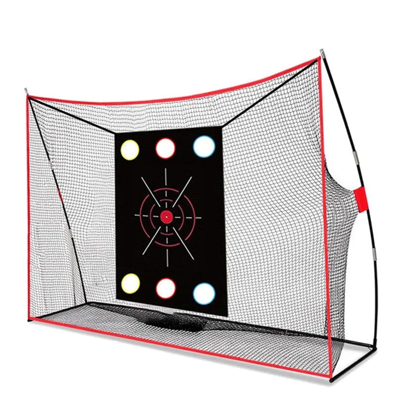 Golf wedge training kit showing three-hole cross net, straw mat, practice balls, tees, and accessories