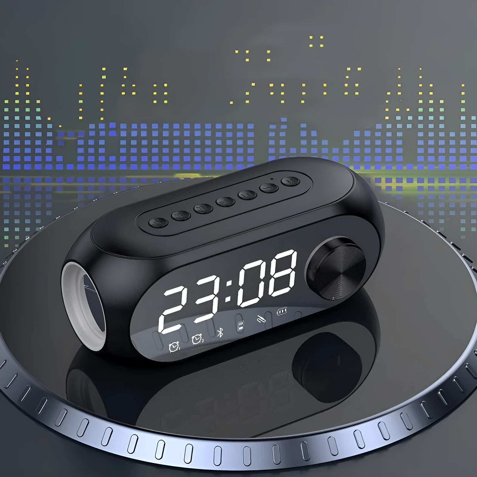 S8 mini portable speaker with extra bass and clock display in black, white, or blue colour