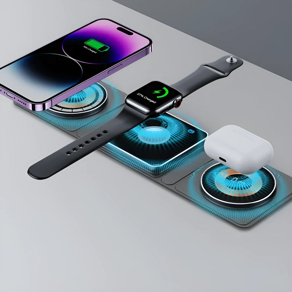 Black transparent Magsafe three-in-one magnetic wireless charging station with TYPE-C interface