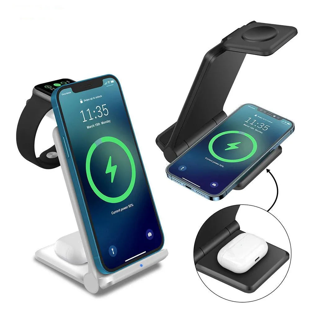 White or black 3-in-1 wireless charging station with foldable design for iPhone, Samsung, AirPods and Apple Watch