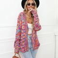 Rose red rainbow striped loose fit short cardigan knitted coat on a model.