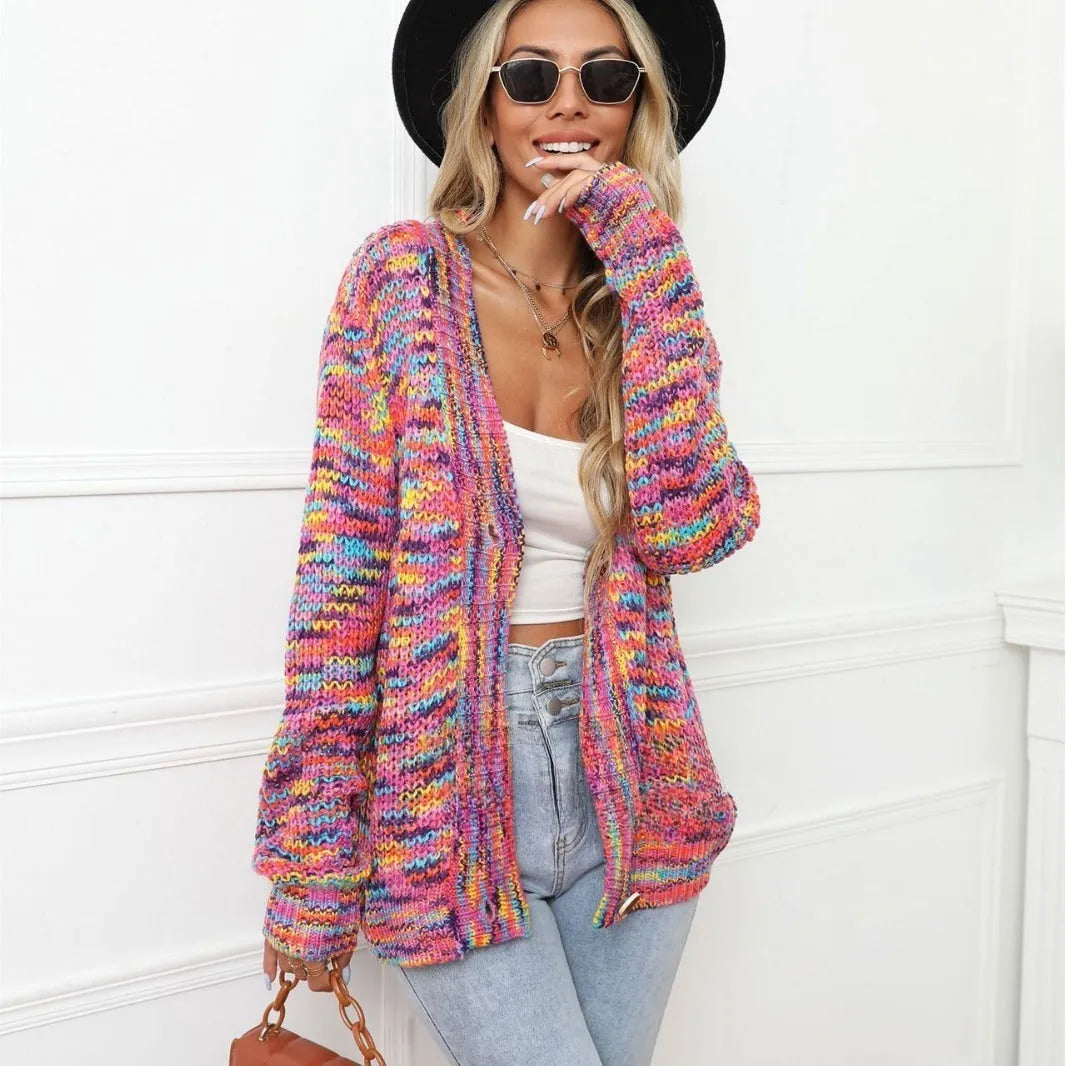 Rose red rainbow striped loose fit short cardigan knitted coat on a model.