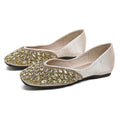 Flat bridesmaid shoes in satin with square toe and rhinestone decorations in silver and gold