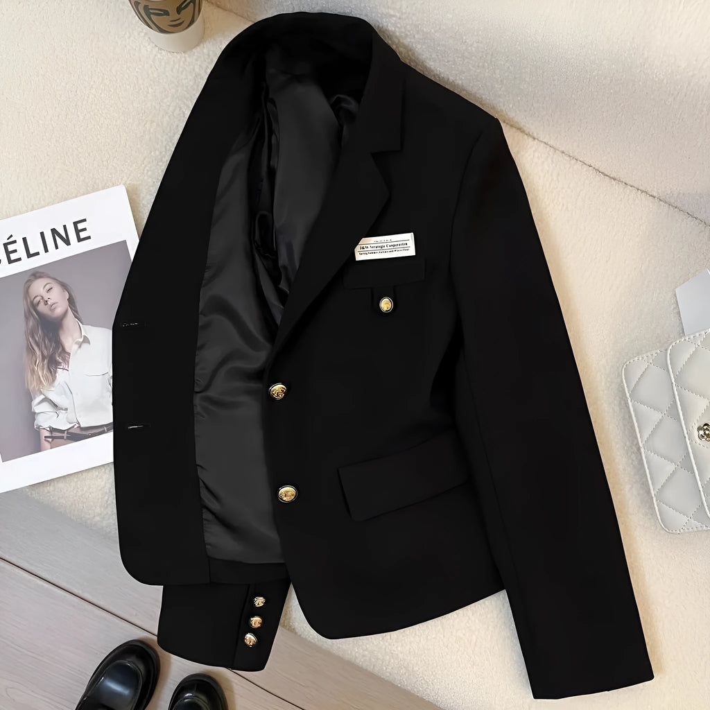 Black women's loose-fit short suit coat with regular sleeves and pockets