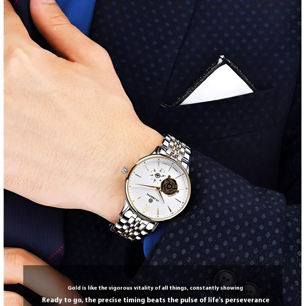 Automatic mechanical men's watch with circular dial, three hands, on steel bracelet and brown leather strap options.