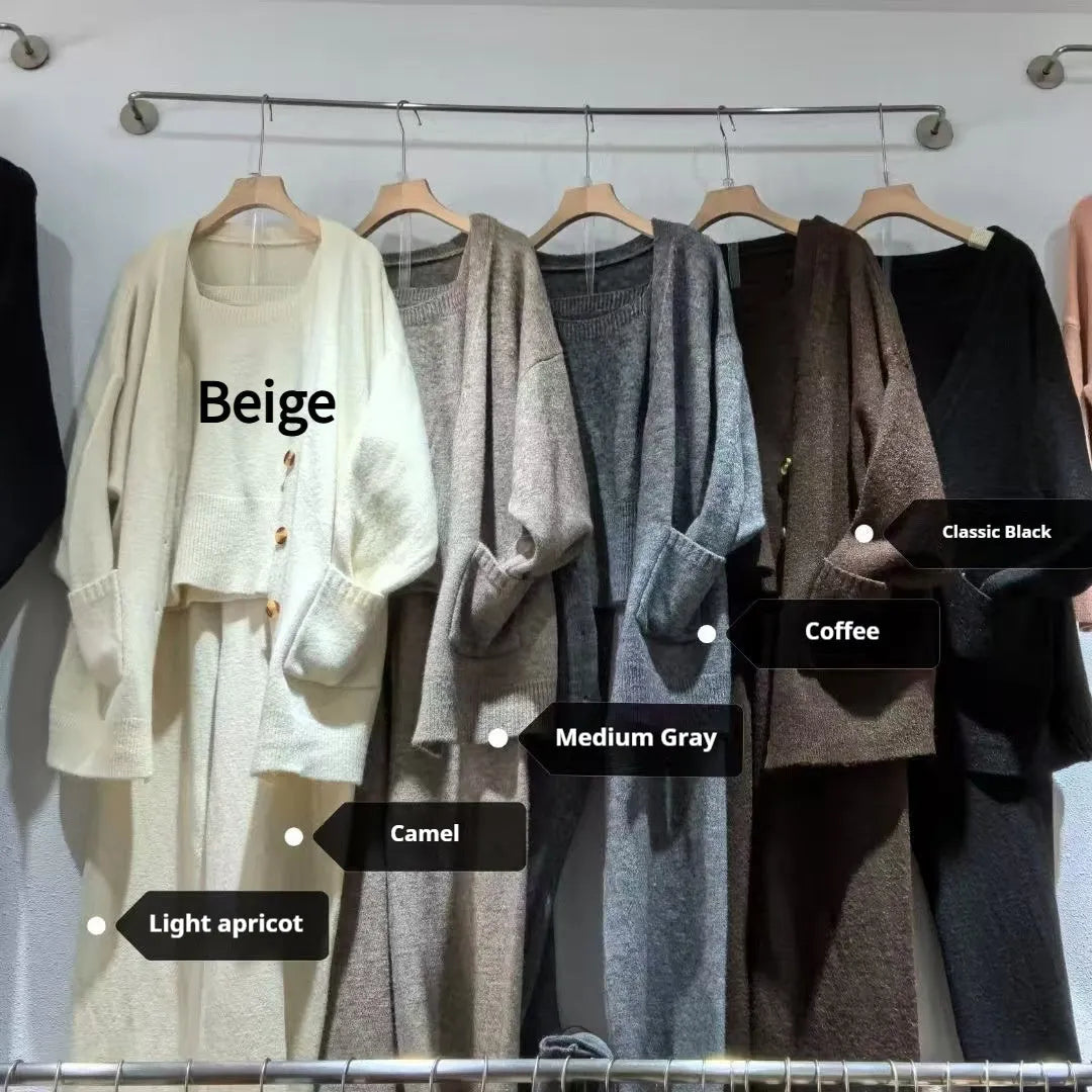 Women's wool blend three-piece cardigan set with vest and casual pants in beige colour