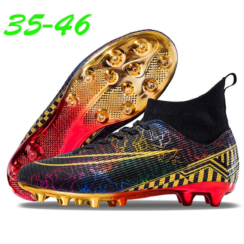 Men's high-top synthetic leather soccer shoes with a gold-plated sole, shown in mandarin duck colour with lace-up front.