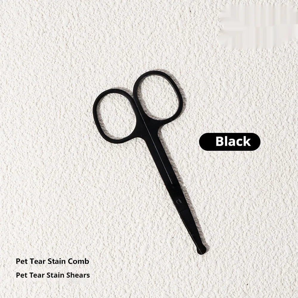 Dog tear stain comb and scissors set in ABS plastic, shown in black, yellow, white, and green colour options