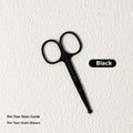 Dog tear stain comb and scissors set in ABS plastic, shown in black, yellow, white, and green colour options