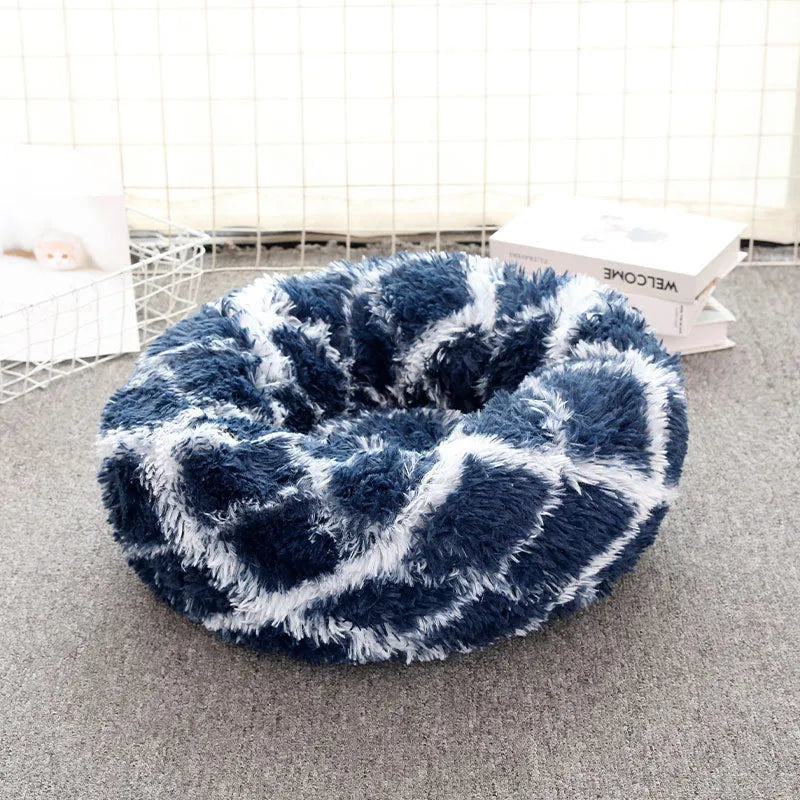 Round plush pet bed in geometric blue colour for dogs and cats, size 60cm