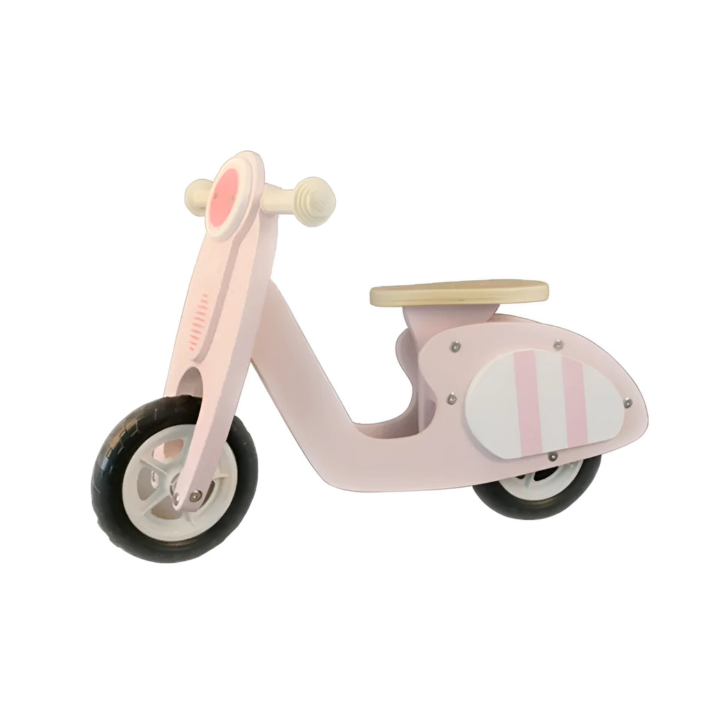 A pink wooden balance scooter for toddlers and children with a 10-inch deck.