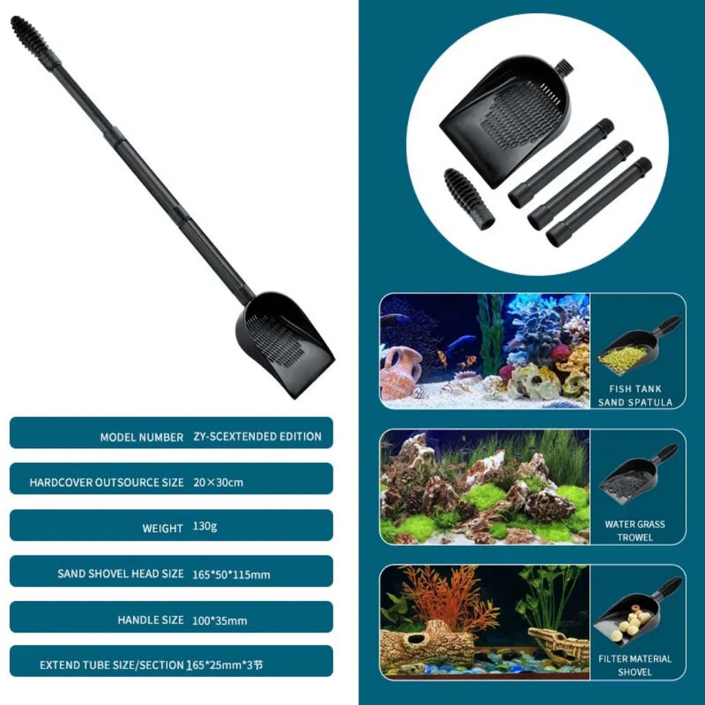 Fish tank multi-purpose sand shovel with removable mounting and quick-drain design, available in long and minimalist options