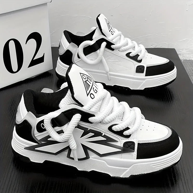 Men's white thick-bottom Harajuku sneakers with cartoon pattern and chunky rubber sole