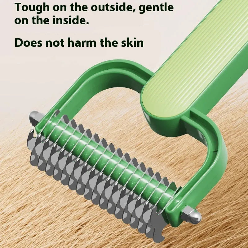 Green and grey dog detangling combs with stainless steel teeth, shown in large and small sizes.