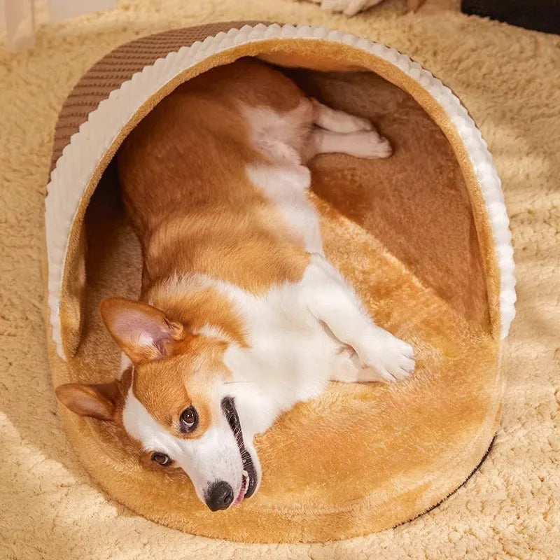 Blue dog nest sleeping bag with removable cover, shown with a small dog inside, fleece lining visible.
