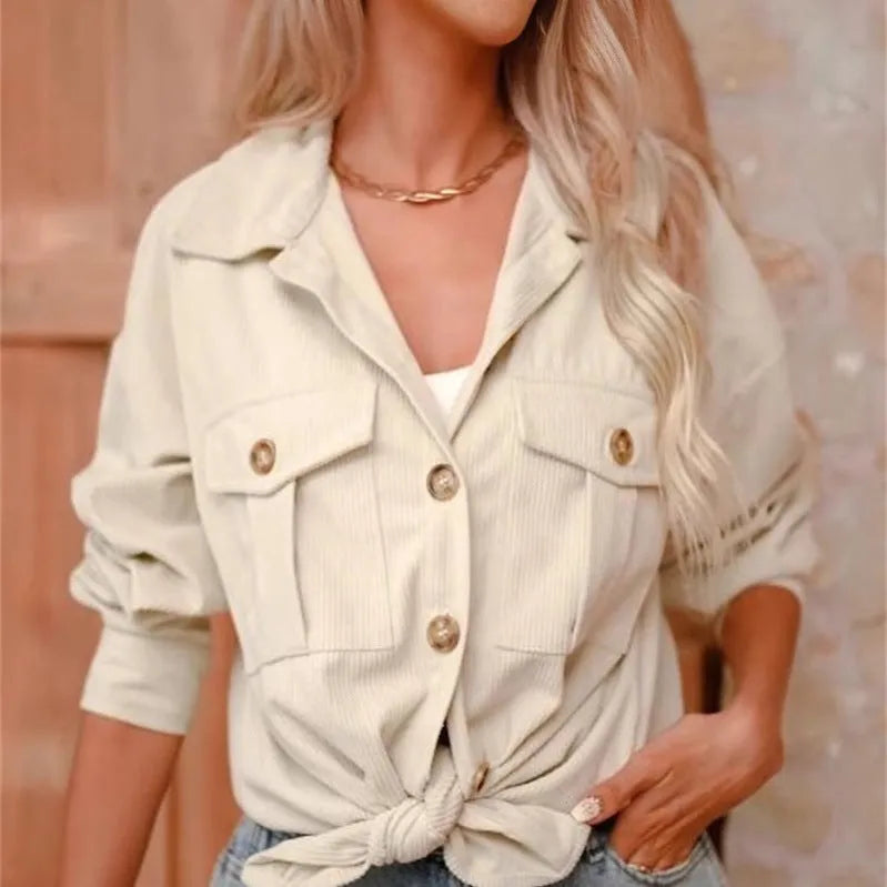 Women's corduroy loose coat with button front and patch pockets in solid colour