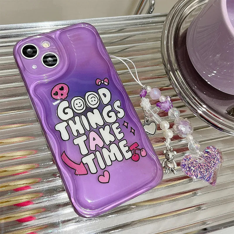 Purple English graffiti iPhone 14 mobile phone case with chain bracelet and love pendant