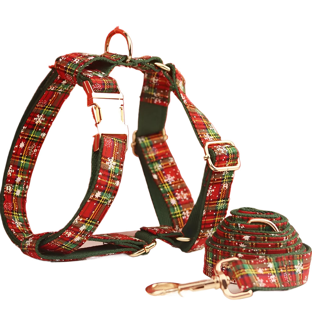 Green snowflake pattern Christmas dog collar set with matching leash, bow, and vest