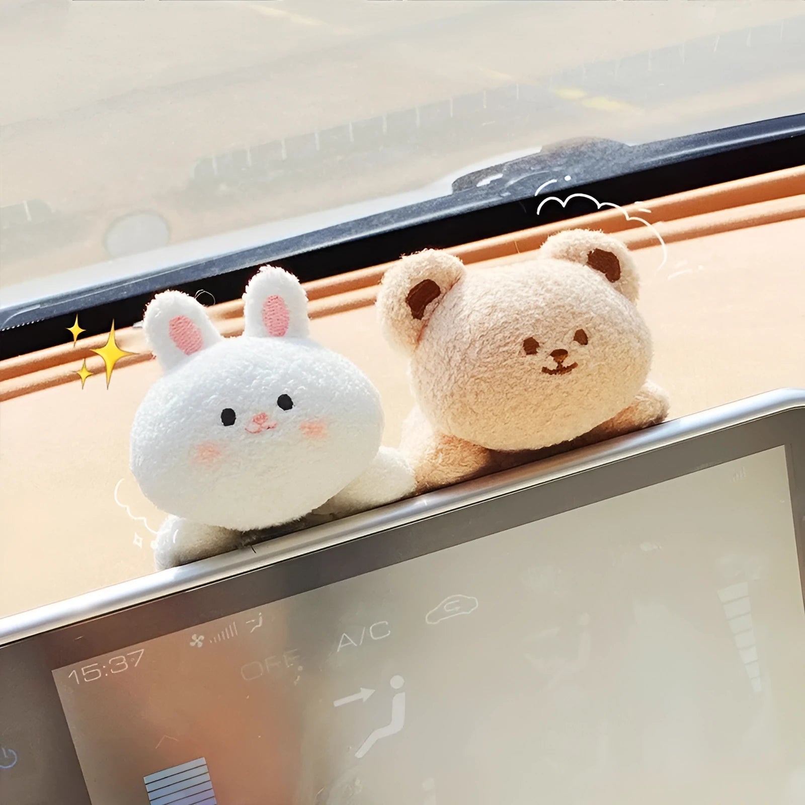 Soft fabric plush doll car decoration in cute bear and bunny cartoon designs.