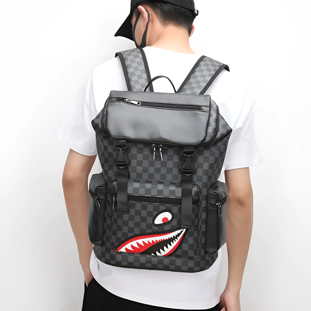 Korean casual checkered print backpack in black with curved shoulder straps