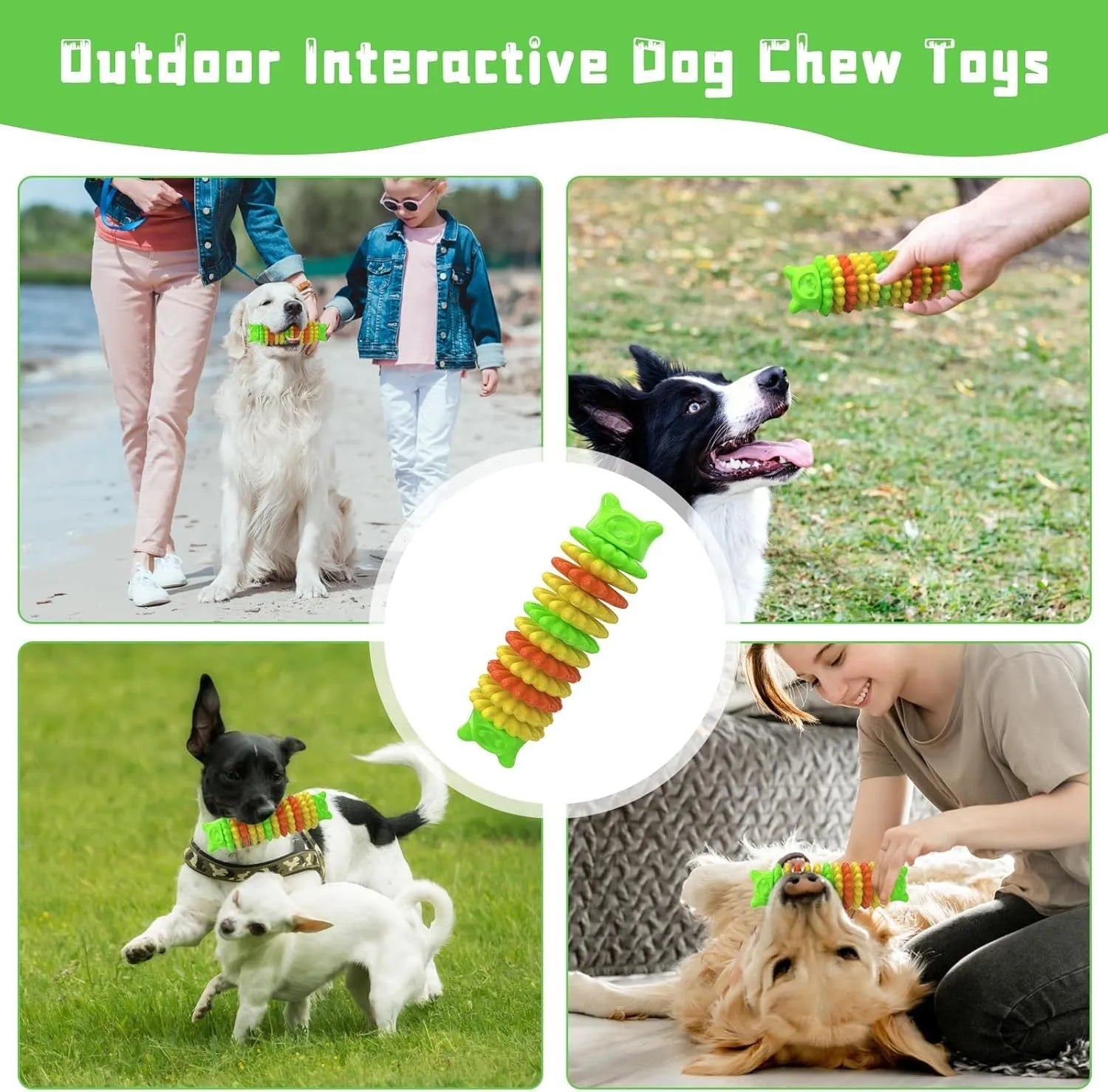 Blue caterpillar-shaped natural rubber dog chew toy for aggressive chewers measuring 17cm long