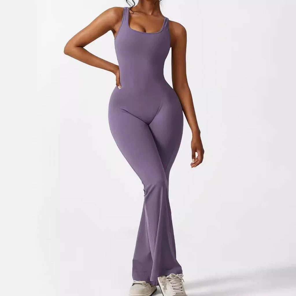 Women's sleeveless flare jumpsuit for yoga and fitness in various colours