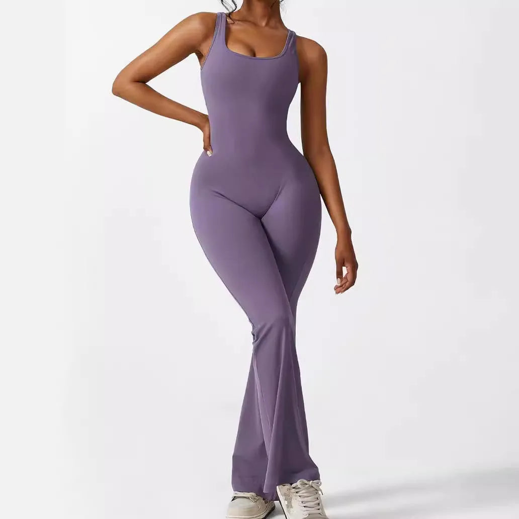 Women's sleeveless flare jumpsuit for yoga and fitness in various colours