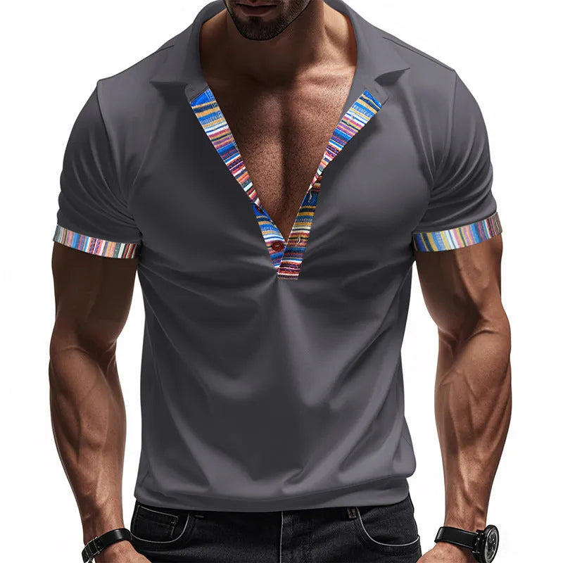 Men's short-sleeved V-neck printed loose casual polo shirt in summer colours