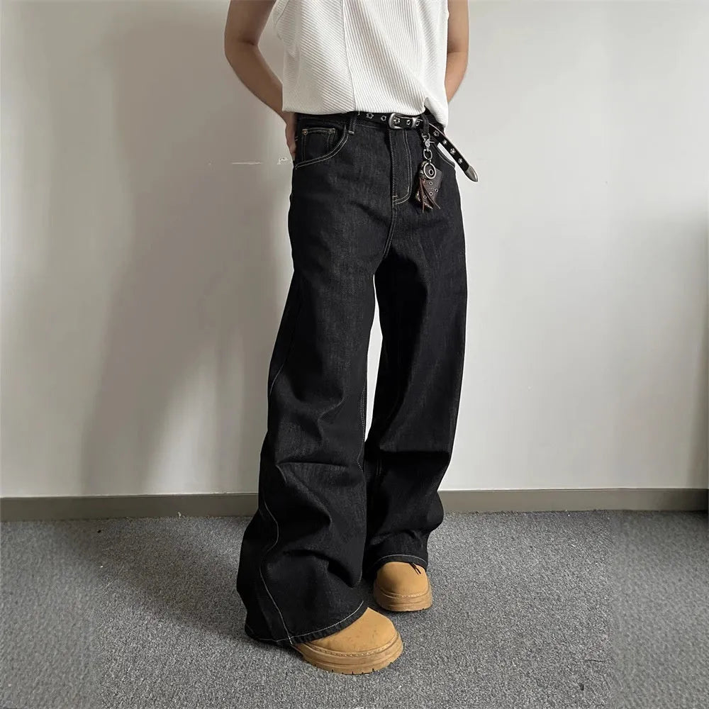 Black loose wide-leg straight-leg jeans with mid-waist and zip fly in retro style
