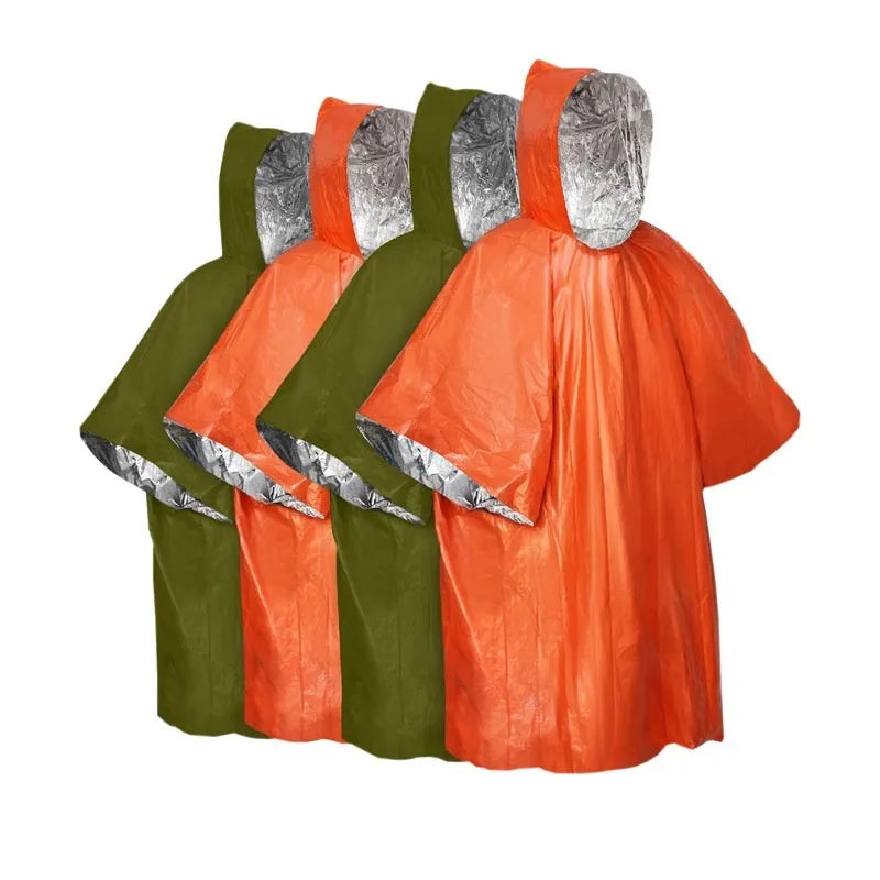 Marathon one-person raincoat in orange or army green, laid flat showing 100x130cm dimensions.