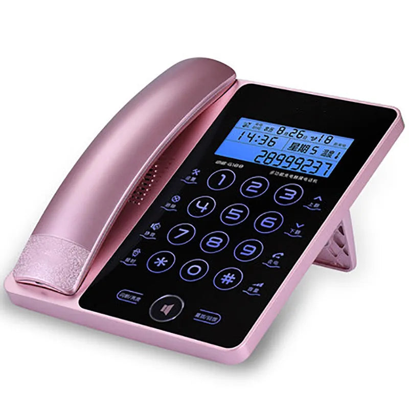 Gold G188 landline telephone with LCD touch screen display showing caller information and lunar calendar
