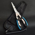 PE39 medium straight mouth fishing pliers with hook, showing SS420 steel construction and coloured ABS plastic handle.