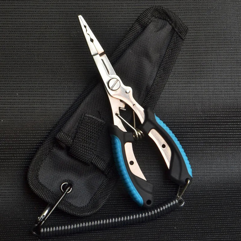 PE39 medium straight mouth fishing pliers with hook, showing SS420 steel construction and coloured ABS plastic handle.