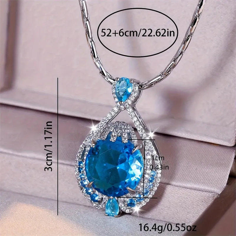Blue crystal geometric pendant necklace with water wave chain for women