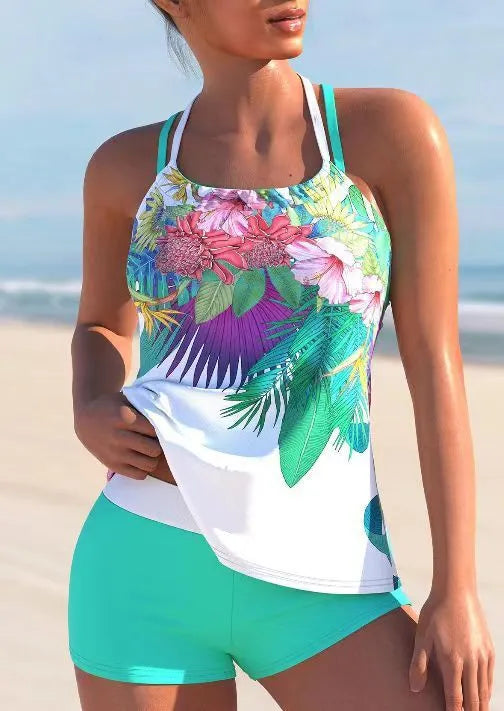 Large floral pattern women's swimsuit in purple-red colour with chest padding, two-piece design