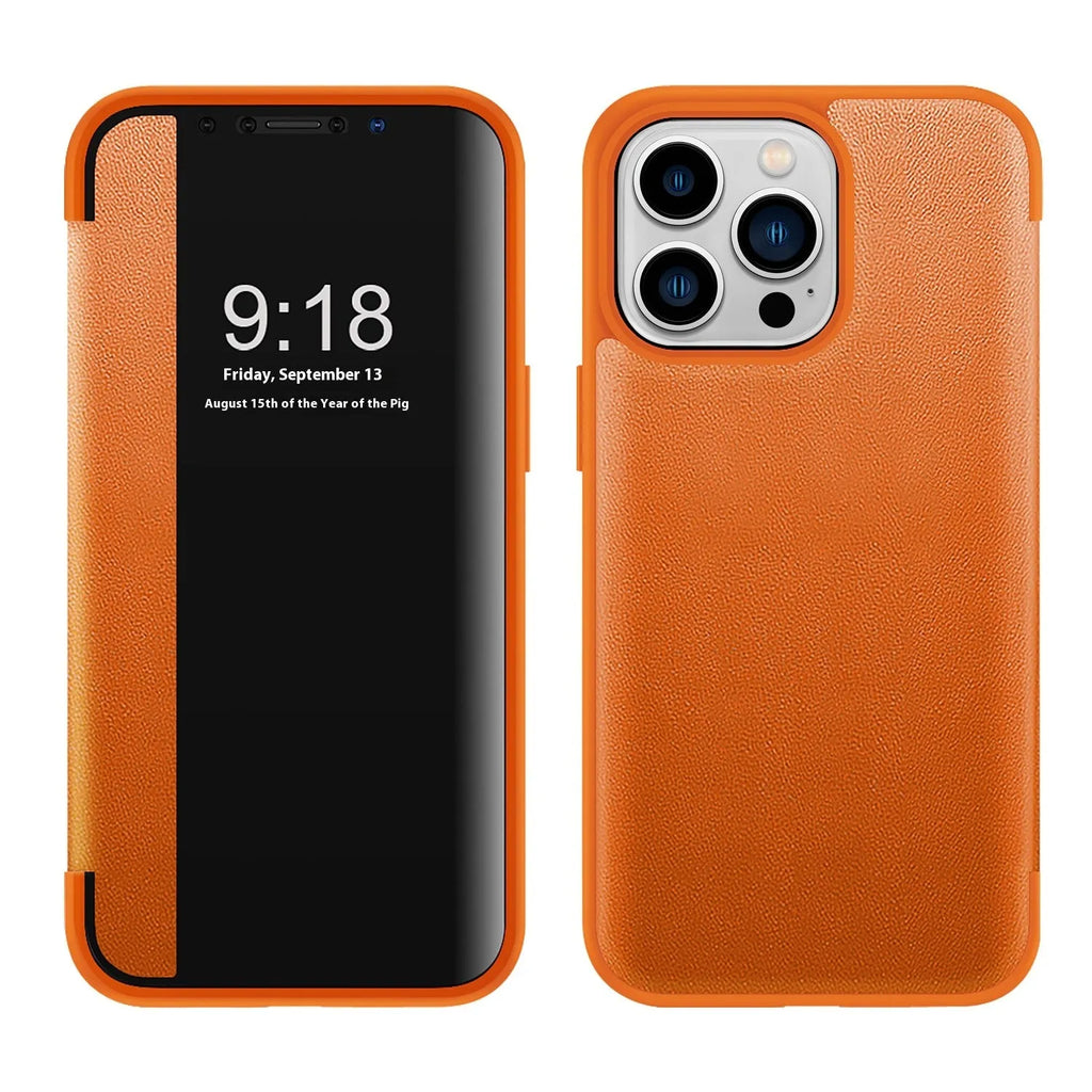 Plain black leather business flip phone case with anti-drop function for iPhone 14 Pro Max
