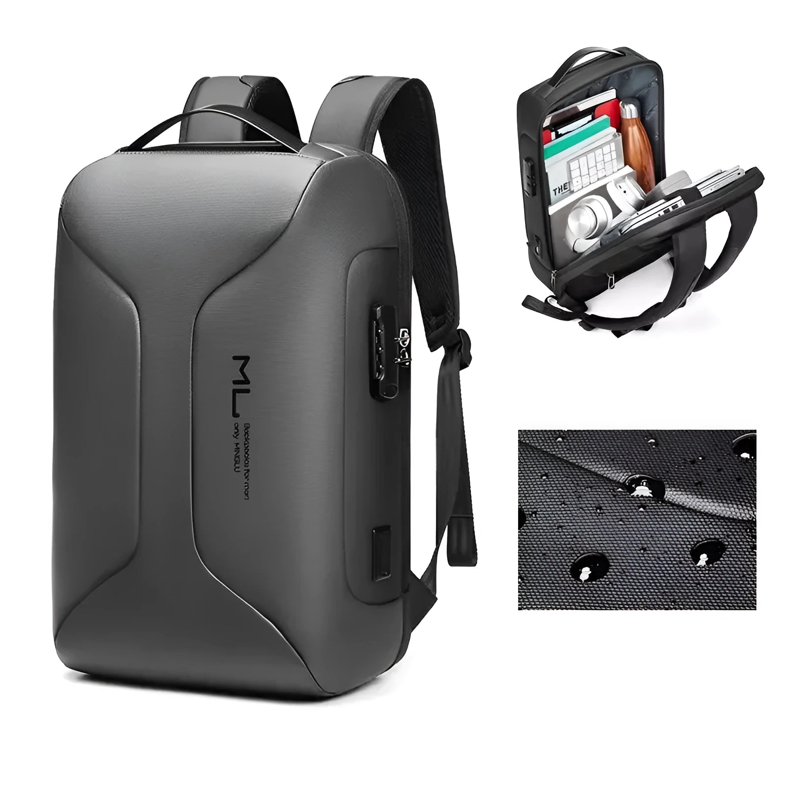 Black Oxford cloth business backpack with air pillow belt straps and organisational compartments