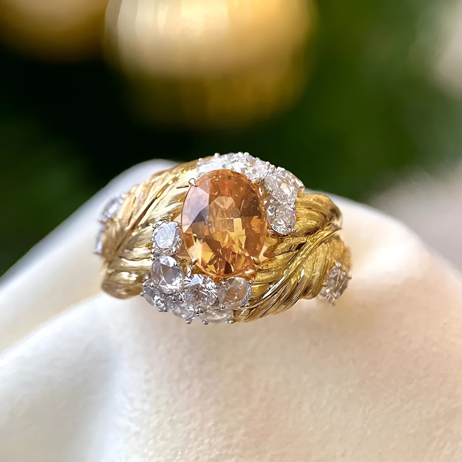 Gold-coloured copper ring with an embossed geometric feather pattern and inlaid yellow zircon stones.