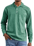 Man wearing a retro washed distressed cotton lapel long sleeve polo shirt in Army Green.