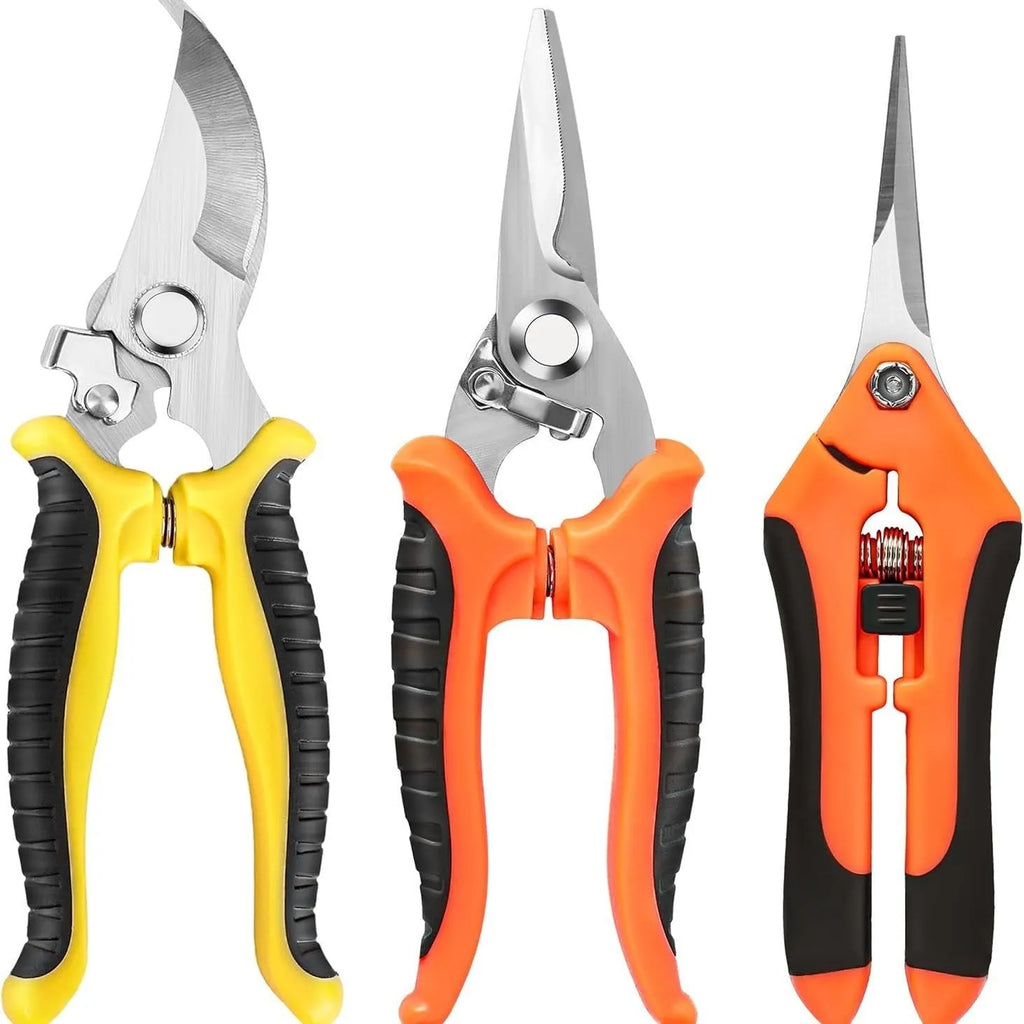 Set of three stainless steel pruning shears in yellow and orange with straight heads on white background