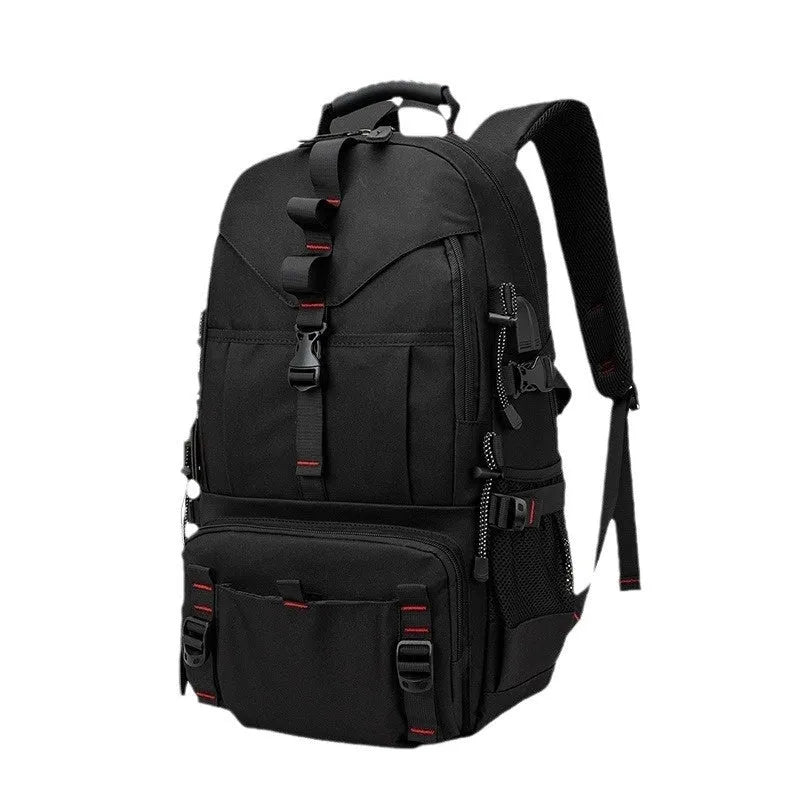 Men's black waterproof Oxford cloth hiking backpack with contrasting straps and large main compartment.