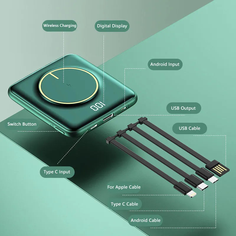 20000mAh portable power bank with LCD display showing black, green, and red colour options