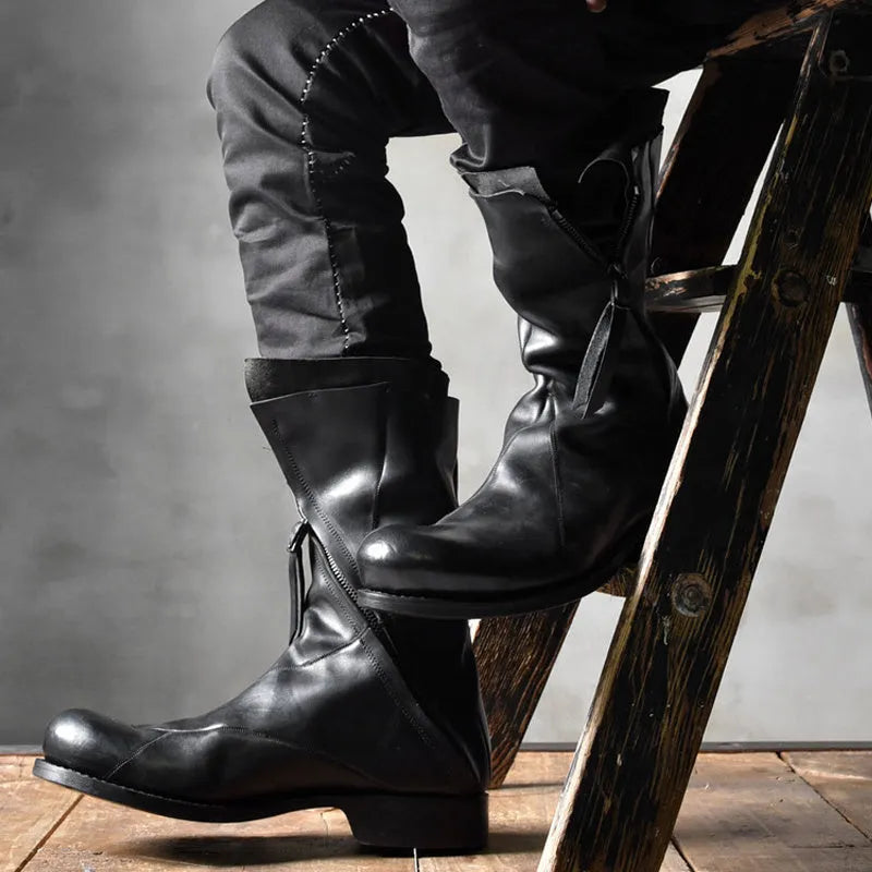 Japanese irregular deconstructed leather boots for men in black retro high-top round-toe style with zipper closure