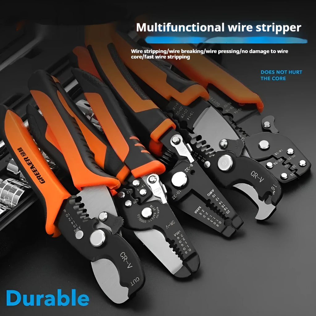 Fully automatic wire stripping pliers tool with high carbon steel blades on a white background.