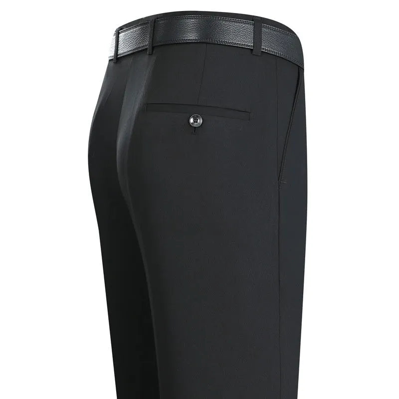 Men's straight-leg suit trousers in mulberry silk fabric on a hanger